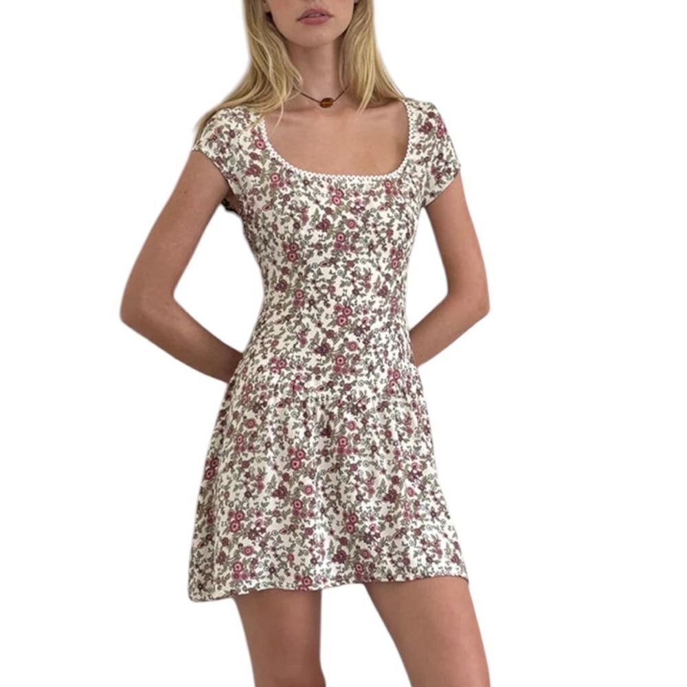Motel Rocks White Floral Mini Dress with Pink and Green Print